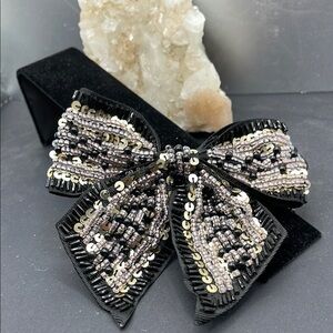 12.28.24_3 Elegant Black Sequined & Beaded Bow Brooch